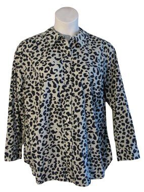 Talbots 2X Navy Blue Gray Animal Print Button Down Shirt
